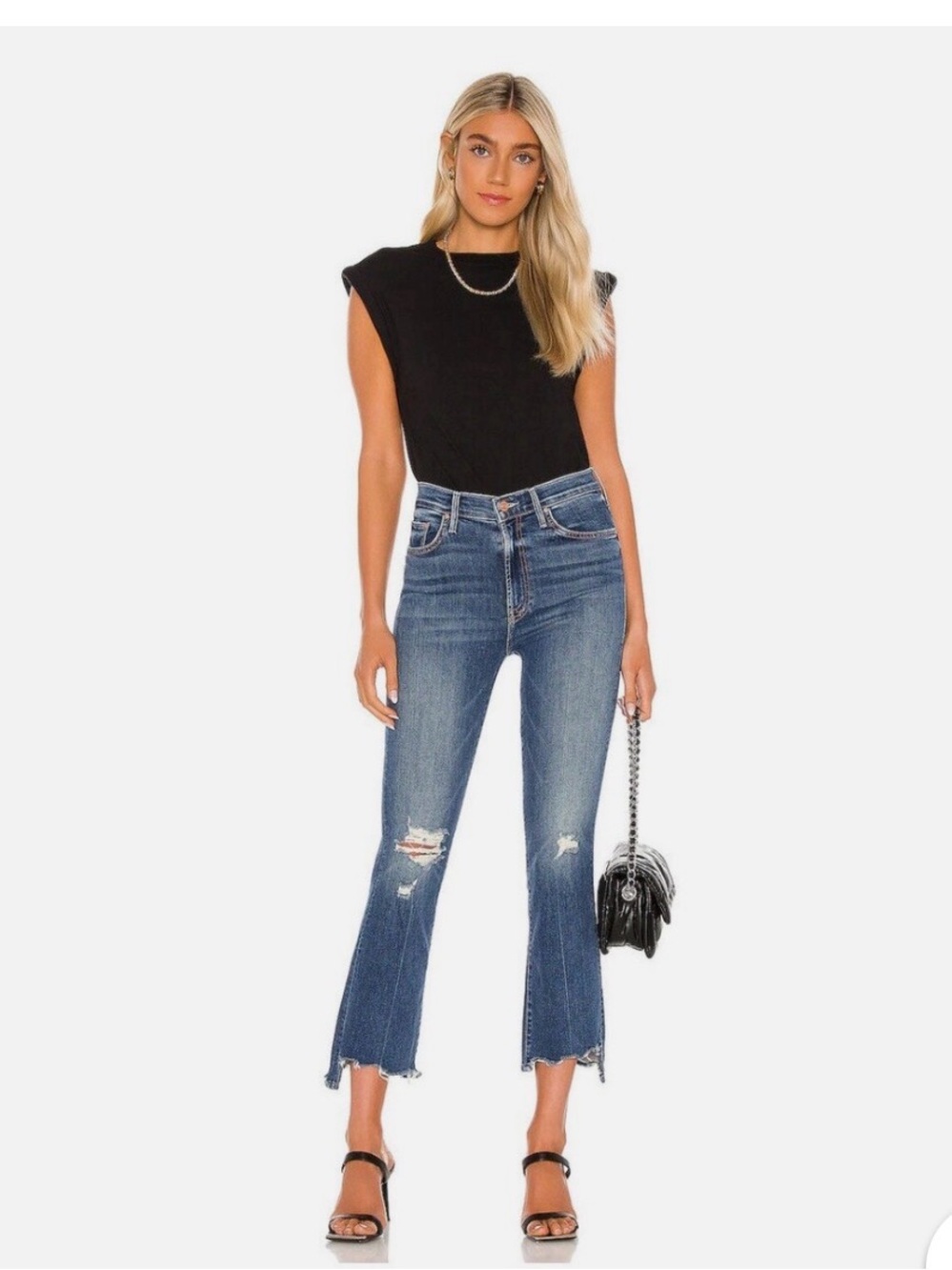 MOTHER Mid-Rise Distressed Cropped Blue Jeans